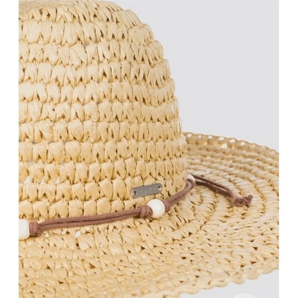 New Roxy Womens M/L Cherish Summer Natural Straw Sun Hat Beads Beach Boho